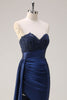 Load image into Gallery viewer, Navy Mermaid Strapless Side Streamer Ruched Corset Long Prom Dress With Slit