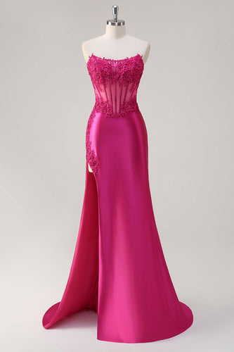 Fuchsia Mermaid Strapless Corset Appliques Long Prom Dress with Slit