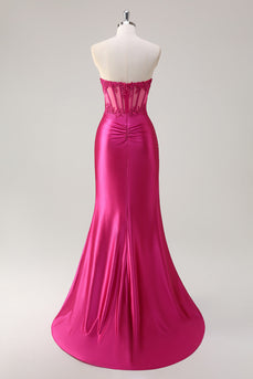 Fuchsia Mermaid Strapless Corset Appliques Long Prom Dress with Slit