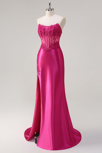 Fuchsia Mermaid Strapless Corset Appliques Long Prom Dress with Slit