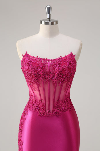 Fuchsia Mermaid Strapless Corset Appliques Long Prom Dress with Slit