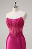 Load image into Gallery viewer, Fuchsia Mermaid Strapless Corset Appliques Long Prom Dress with Slit