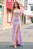 Lilac Spaghetti Straps Mermaid Corset Sequin Prom Dress