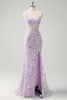 Load image into Gallery viewer, Lilac Mermaid Spaghetti Straps Corset Sequin Prom Dress with Slit