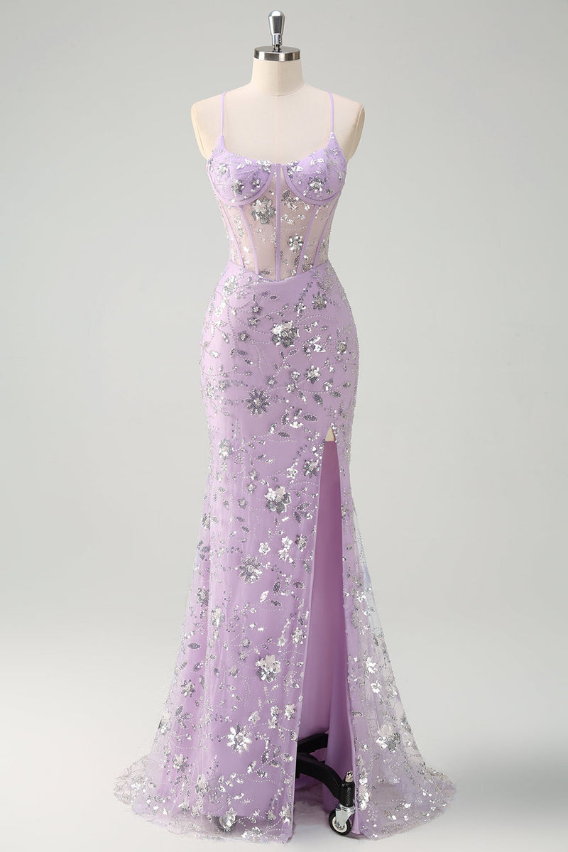 Load image into Gallery viewer, Lilac Spaghetti Straps Mermaid Corset Sequin Prom Dress