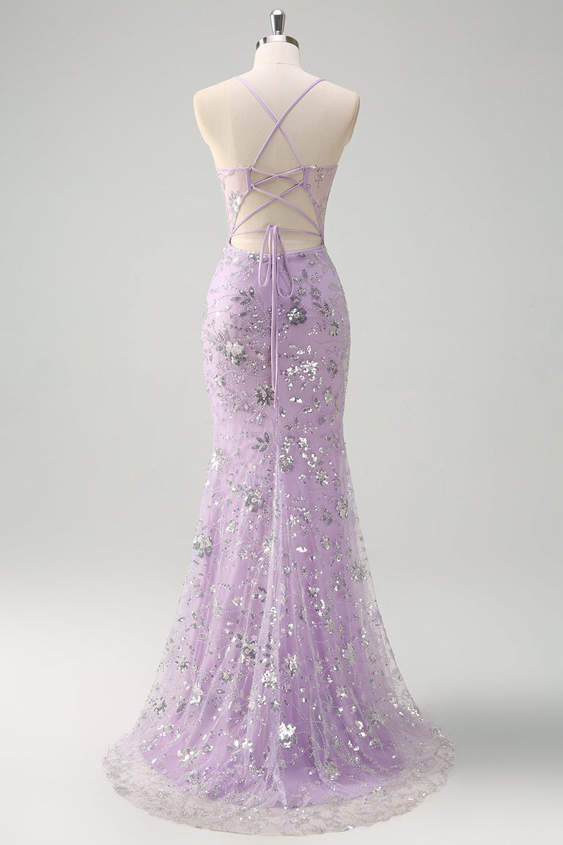 Load image into Gallery viewer, Lilac Mermaid Spaghetti Straps Corset Sequin Prom Dress with Slit