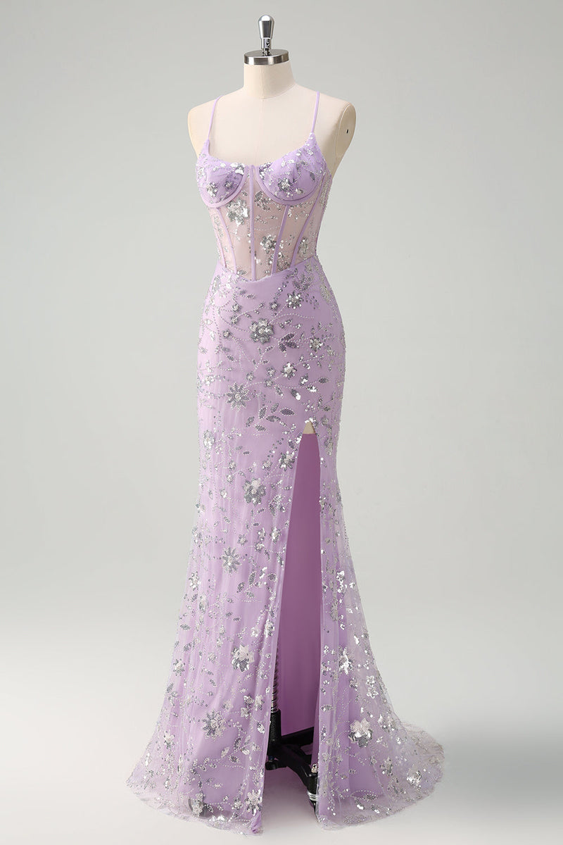 Load image into Gallery viewer, Lilac Spaghetti Straps Mermaid Corset Sequin Prom Dress