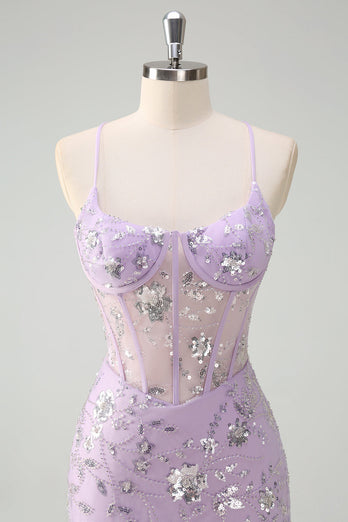 Lilac Spaghetti Straps Mermaid Corset Sequin Prom Dress