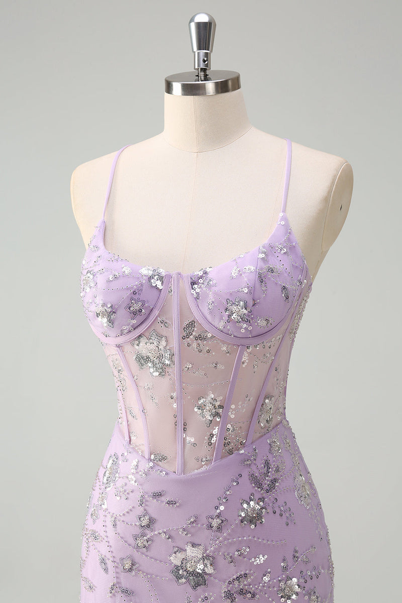 Load image into Gallery viewer, Lilac Spaghetti Straps Mermaid Corset Sequin Prom Dress