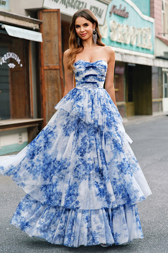 White Blue Flower A Line Strapless Tiered Prom Dress