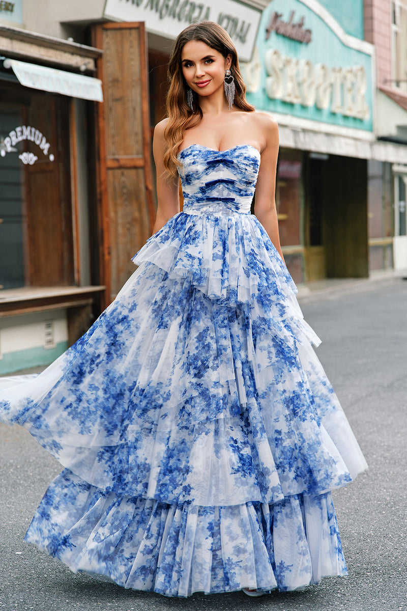 Load image into Gallery viewer, White Blue Flower A Line Strapless Tiered Prom Dress