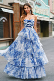 White Blue Flower A Line Strapless Tiered Prom Dress