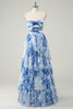 Load image into Gallery viewer, White Blue Flower A-Line Strapless Tiered Long Prom Dress with Bows