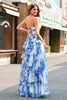 Load image into Gallery viewer, White Blue Flower A Line Strapless Tiered Prom Dress