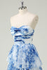 Load image into Gallery viewer, White Blue Flower A Line Strapless Tiered Prom Dress