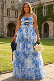 White Blue Flower A Line Strapless Tiered Long Plus Size Prom Dress