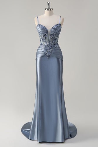 Grey Blue Mermaid Spaghetti Straps Corset Appliqued Long Prom Dress with Slit