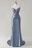 Grey Blue Mermaid Spaghetti Straps Corset Appliqued Long Prom Dress
