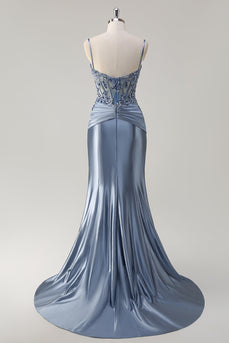 Grey Blue Mermaid Spaghetti Straps Corset Appliqued Long Prom Dress with Slit