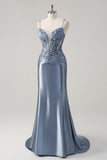 Grey Blue Mermaid Spaghetti Straps Corset Appliqued Long Prom Dress