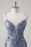 Grey Blue Mermaid Spaghetti Straps Corset Appliqued Long Prom Dress