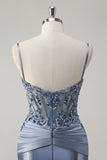 Grey Blue Mermaid Spaghetti Straps Corset Appliqued Long Prom Dress