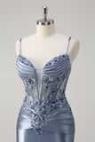 Grey Blue Mermaid Spaghetti Straps Corset Appliqued Long Prom Dress