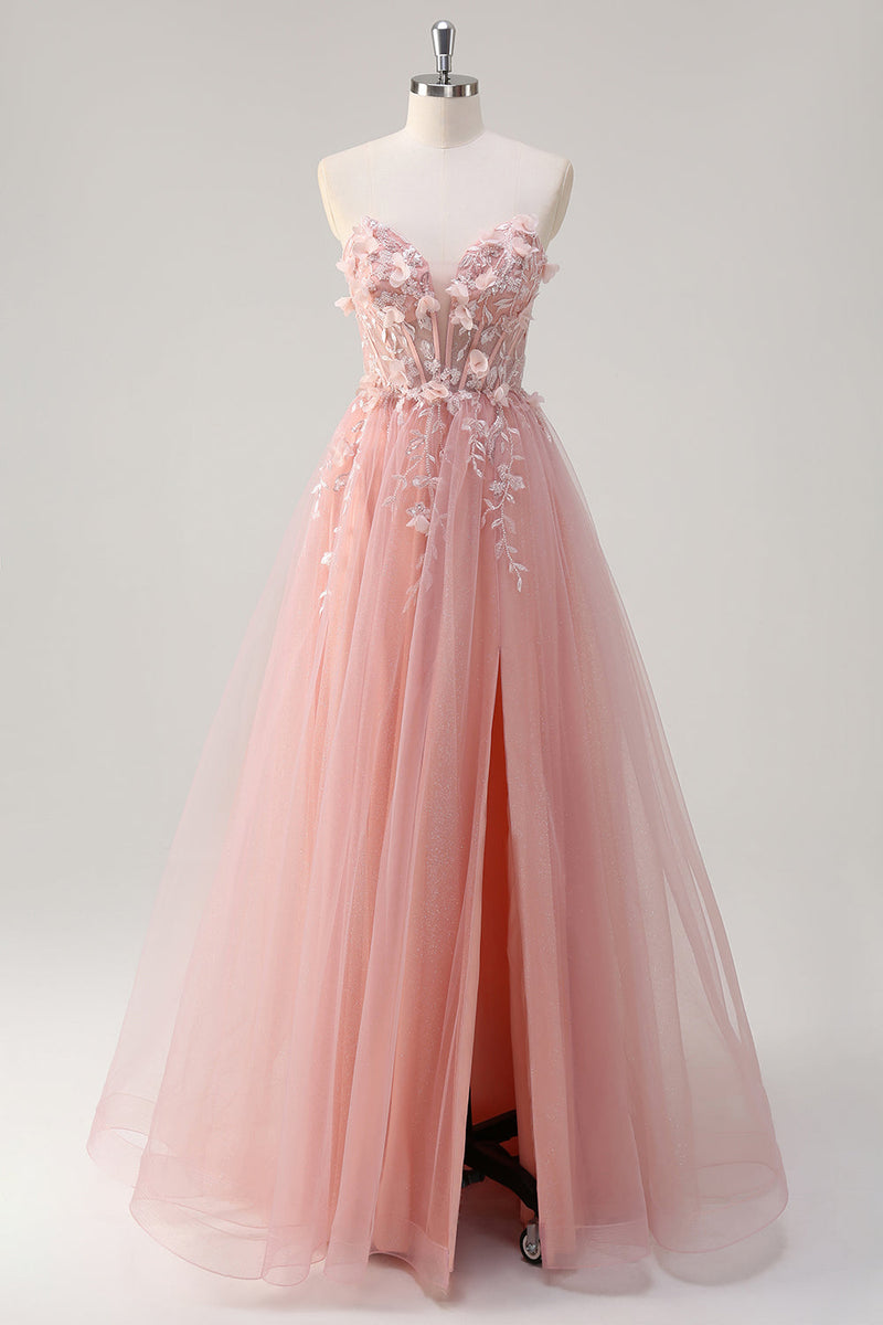 Load image into Gallery viewer, Pink A-Line Strapless Flowers Corset Tulle Long Prom Dress with Slit