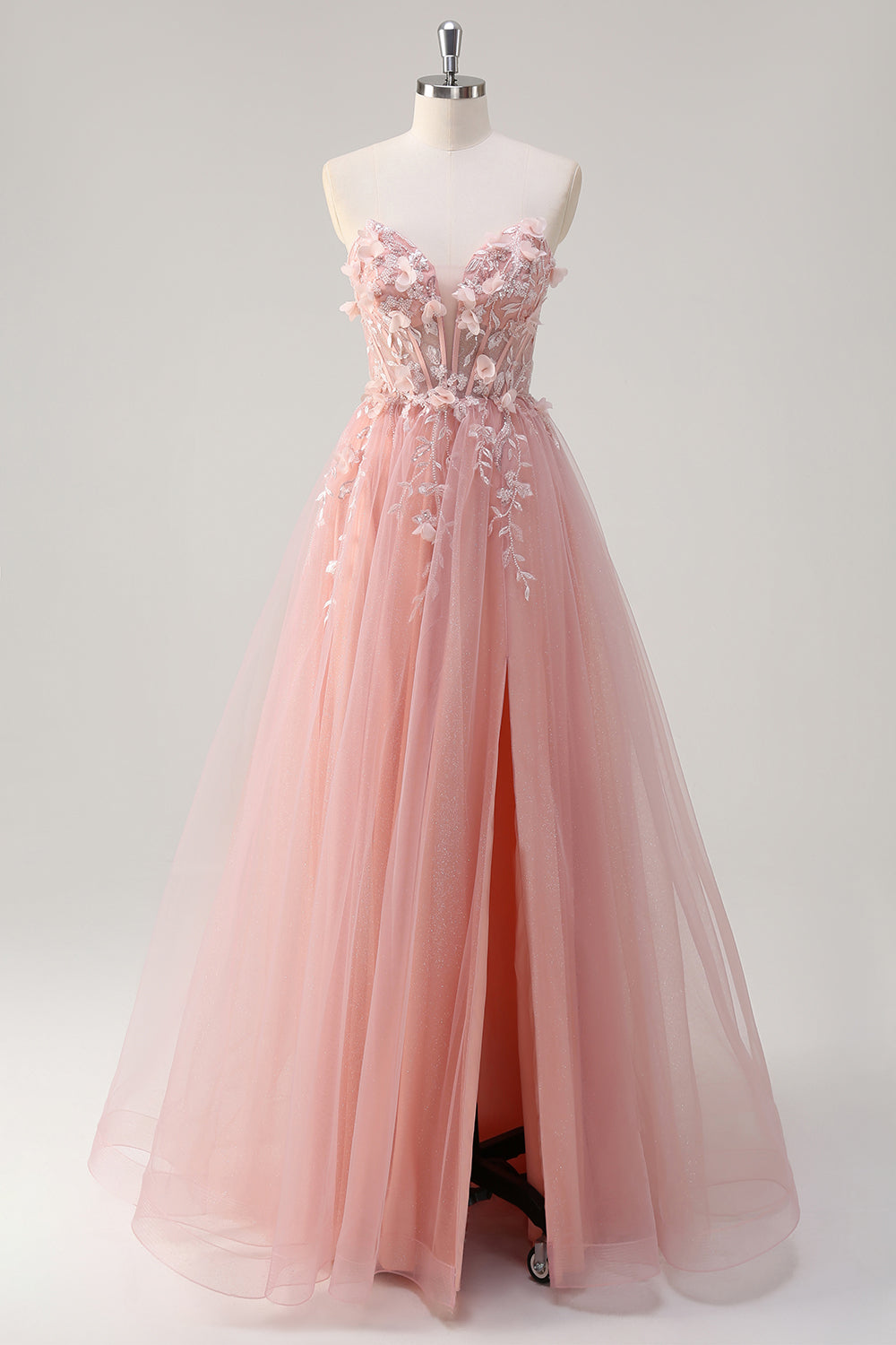 Pink A-Line Strapless Flowers Corset Tulle Long Prom Dress with Slit