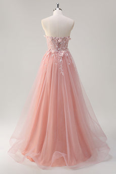 Pink A-Line Strapless Flowers Corset Tulle Long Prom Dress with Slit