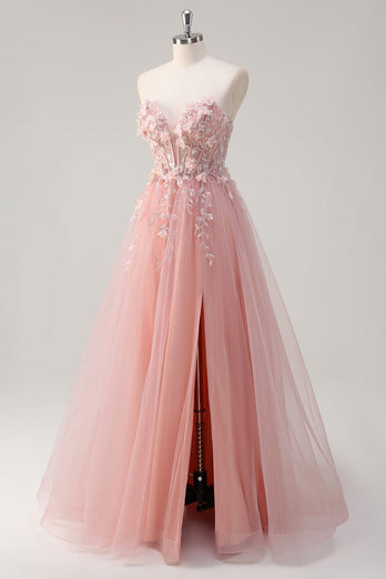 Pink A-Line Strapless Flowers Corset Tulle Long Prom Dress with Slit