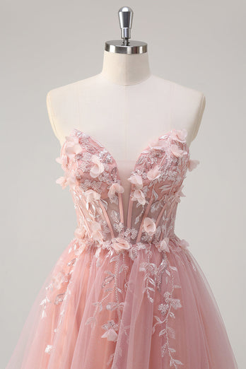 Pink A-Line Strapless Flowers Corset Tulle Long Prom Dress with Slit