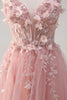 Load image into Gallery viewer, Pink A-Line Strapless Flowers Corset Tulle Long Prom Dress with Slit