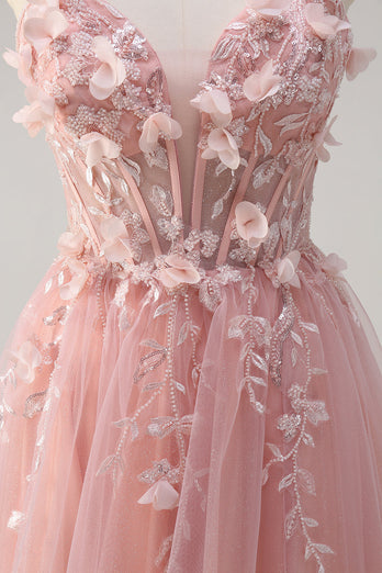 Pink A-Line Strapless Flowers Corset Tulle Long Prom Dress with Slit