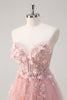 Load image into Gallery viewer, Pink A-Line Strapless Flowers Corset Tulle Long Prom Dress with Slit