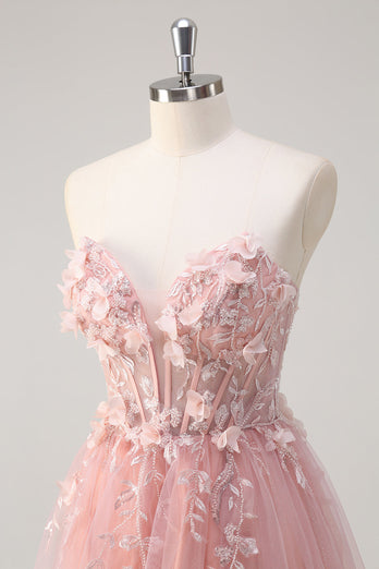 Pink A-Line Strapless Flowers Corset Tulle Long Prom Dress with Slit