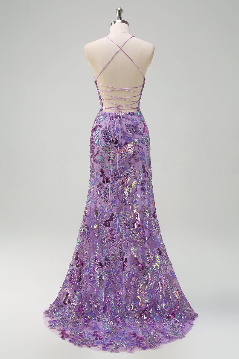 Load image into Gallery viewer, Sparkly Purple Mermaid Spaghetti Straps Sequin Prom Dress with Slit