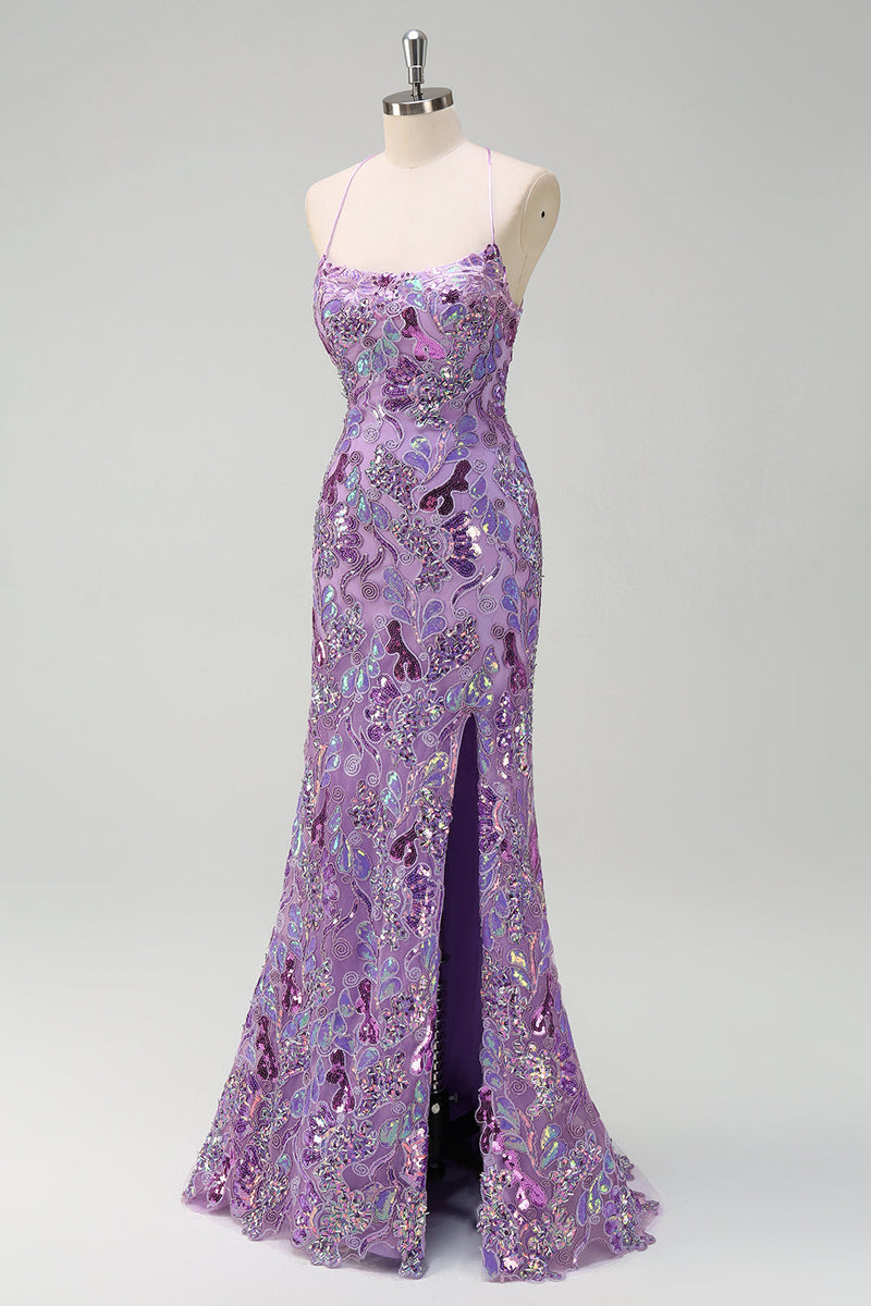 Load image into Gallery viewer, Sparkly Purple Mermaid Spaghetti Straps Sequin Prom Dress with Slit