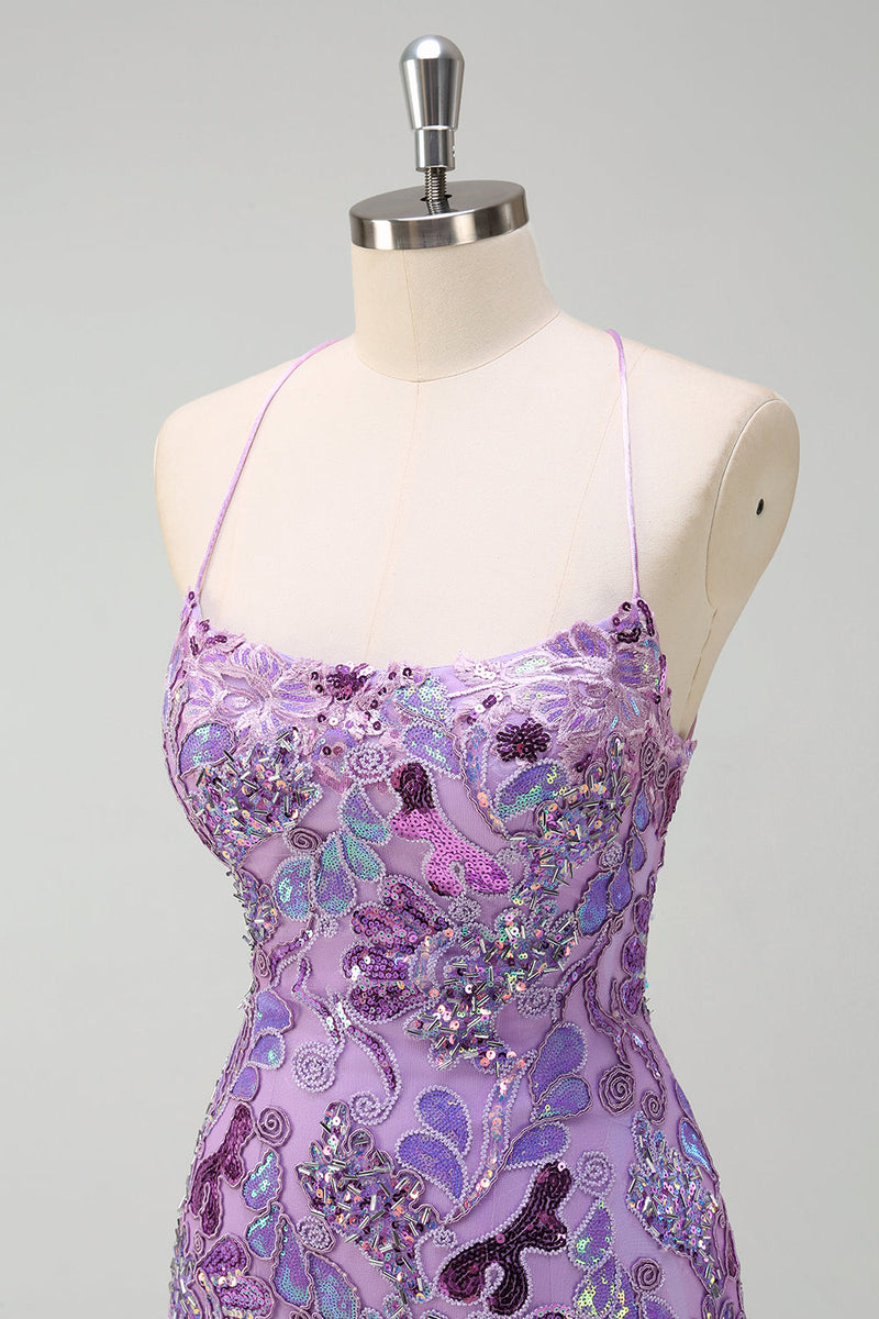 Load image into Gallery viewer, Sparkly Purple Mermaid Spaghetti Straps Sequin Prom Dress with Slit