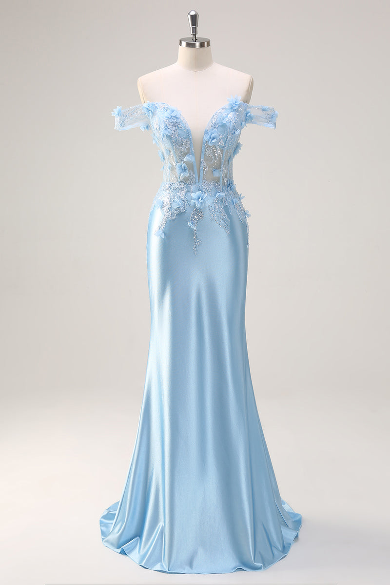 Load image into Gallery viewer, Sky Blue Mermaid Off The Shoulder Corset Floral Long Prom Dress with 3D Flowers