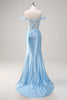 Load image into Gallery viewer, Sky Blue Off The Shoulder Mermaid Corset Floral Long Prom Dress with 3D Flowers