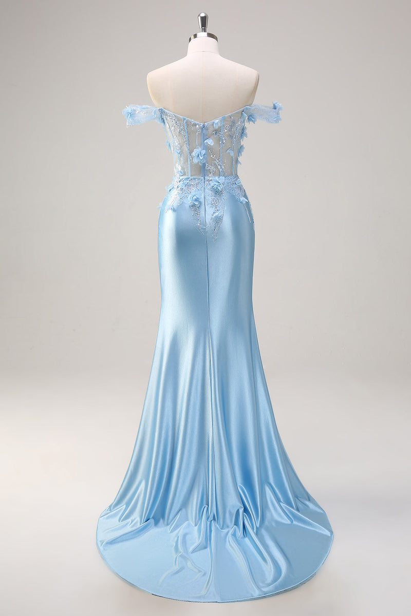 Load image into Gallery viewer, Sky Blue Off The Shoulder Mermaid Corset Floral Long Prom Dress with 3D Flowers