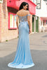 Load image into Gallery viewer, Sky Blue Off The Shoulder Mermaid Corset Floral Long Prom Dress with 3D Flowers