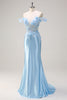 Load image into Gallery viewer, Sky Blue Mermaid Off The Shoulder Corset Floral Long Prom Dress with 3D Flowers