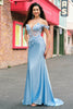 Load image into Gallery viewer, Sky Blue Off The Shoulder Mermaid Corset Floral Long Prom Dress with 3D Flowers