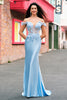 Load image into Gallery viewer, Sky Blue Off The Shoulder Mermaid Corset Floral Long Prom Dress with 3D Flowers