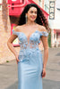 Load image into Gallery viewer, Sky Blue Off The Shoulder Mermaid Corset Floral Long Prom Dress with 3D Flowers