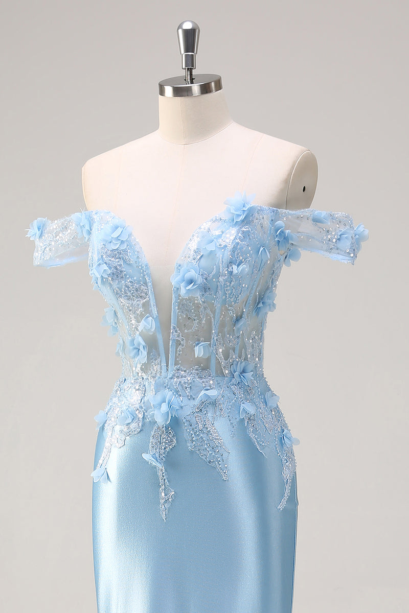 Load image into Gallery viewer, Sky Blue Mermaid Off The Shoulder Corset Floral Long Prom Dress with 3D Flowers