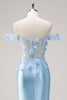 Load image into Gallery viewer, Sky Blue Mermaid Off The Shoulder Corset Floral Long Prom Dress with 3D Flowers