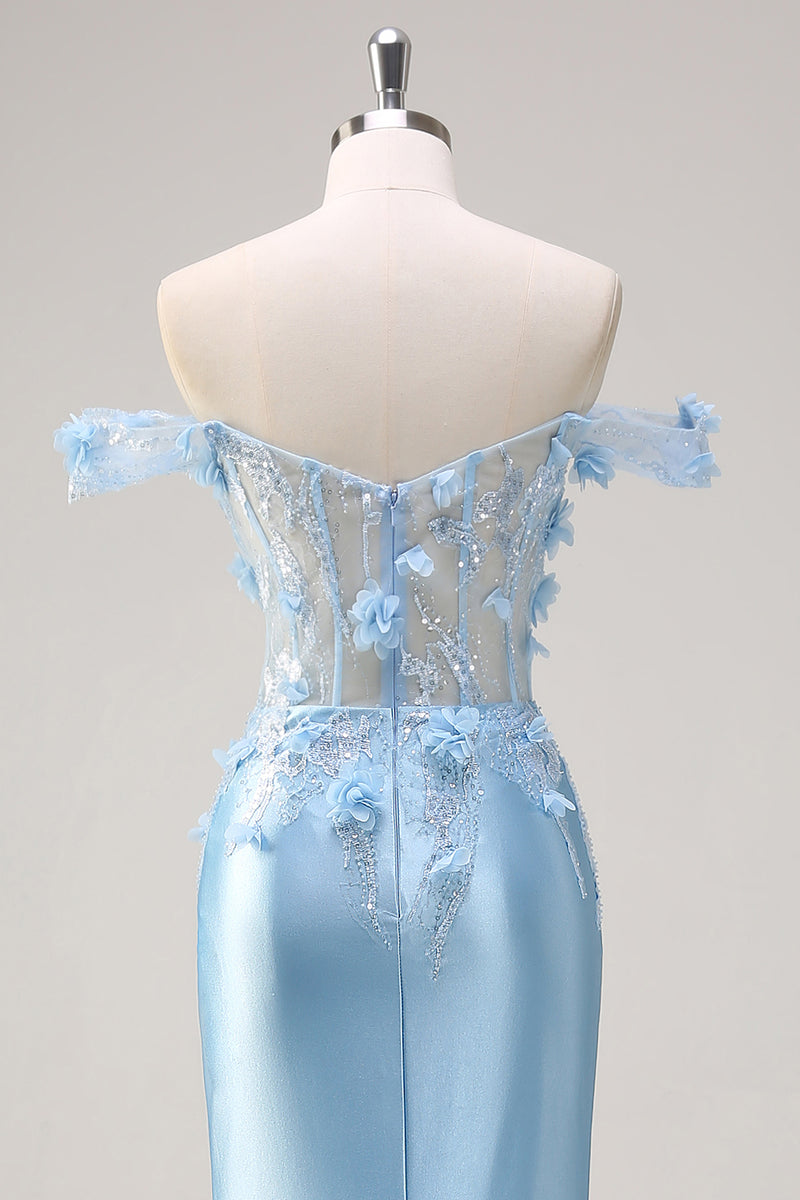 Load image into Gallery viewer, Sky Blue Mermaid Off The Shoulder Corset Floral Long Prom Dress with 3D Flowers